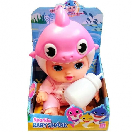 Bebe & Papusi & Accesorii - bebelus care arunca apa, papusa cu biberon, baby shark, muzica originala, baterii incluse , roz