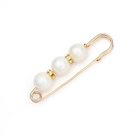 Produse Sezon - Brosa dama tip ac de siguranta cu 3 margele perlate albe si strasuri, 8 cm