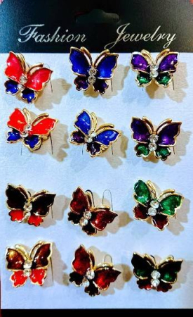 Martisor - brosa metalica fluturas cu strasuri, set 12 bucati