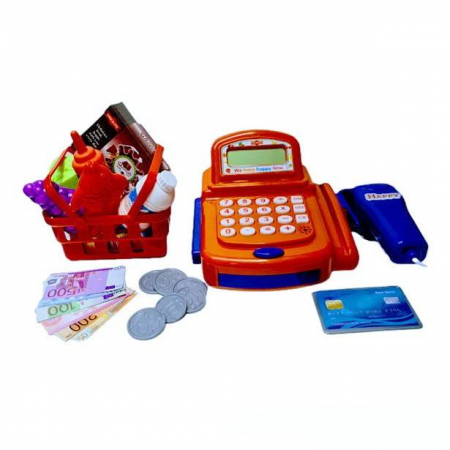 Jucarii Rol - casa de marcat cu scanner, cos de cumparaturi, alimente, card, bancnote si monede, 32x18x16 cm