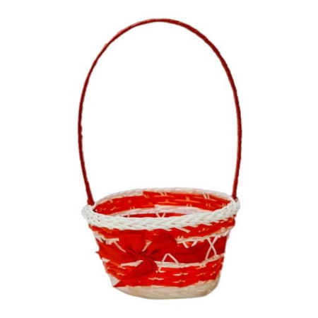 Cosuri - cos impletit din plastic, cu toarta, alb cu panglica rosie, diametrul 15 cm