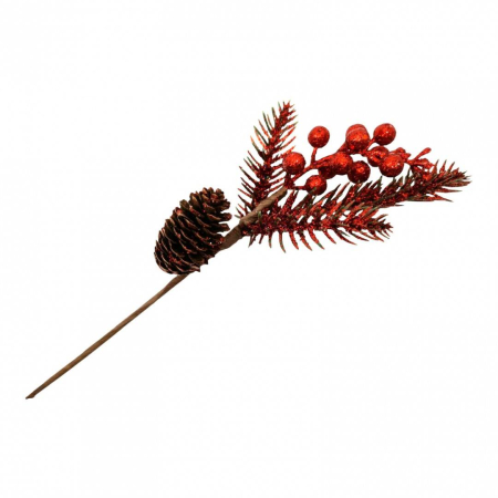 Craciun - Decoratiune Craciun, crenguta ornamentala cu glitter, 28 cm, rosu