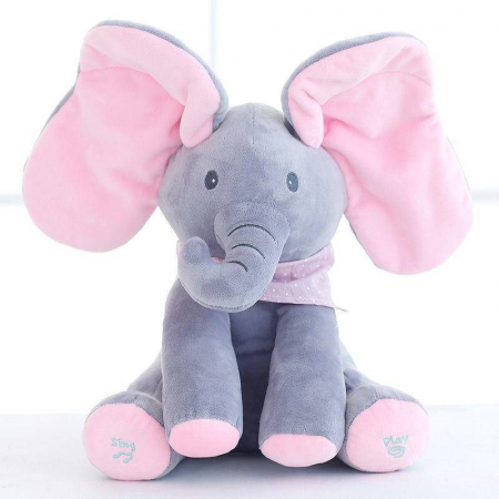 Jucarii de Plus - Elefant interactiv Peek a Boo, canta si isi acopera capul cu urechile, stimuleaza inteligenta emotionala si afectivitatea, 30 cm, culoare gri / roz