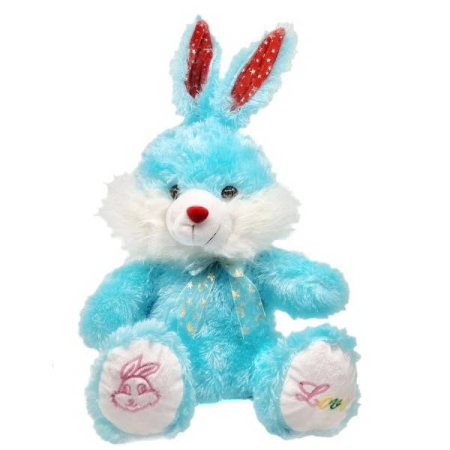 Jucarii de Plus - Iepure pufos cu broderie pe labute si fundita din organza, jucarie de plus muzicala cu lumini, 55 cm