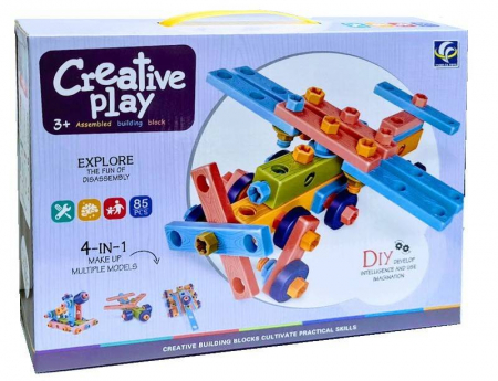 Constructie - Joc de constructie cu suruburi si piulite, 4 in 1, avion, creative play, nivel de dificultate mediu, 85 piese