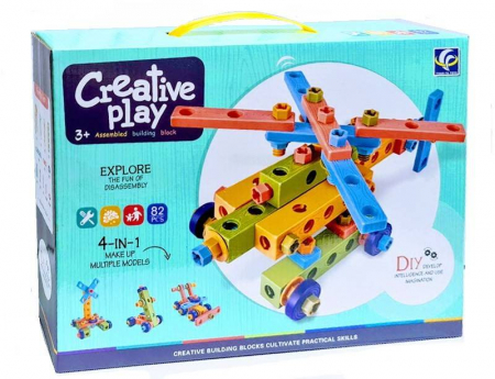 Constructie - joc de constructie cu suruburi si piulite, 4 in 1, elicopter, creative play, nivel de dificultate mediu, 82 piese