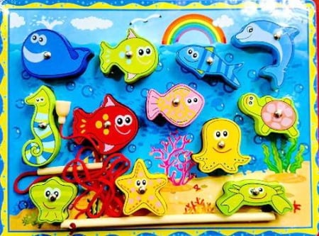 Jucarii Lemn - Joc de pescuit, snuruit, puzzle incastru , lemn, 3 in 1