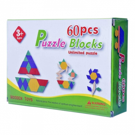 Jucarii Educative - Set educativ mozaic geometric din lemn, tangram cu 60 piese colorate