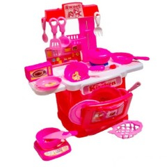 Jucarii Rol - Jucarie la set bucatarie cu aragaz, cuptor, chiuveta, plita cu inductie, radio, 18 piese, roz, 28.5x12.5x28.5 cm