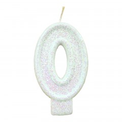 Petrecere - lumanare tort, alb cu sclipici, 7 cm, cifra 0