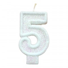 Petrecere - lumanare tort, alb cu sclipici, 7 cm, cifra 5