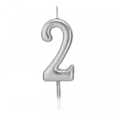 Petrecere - lumanare tort argintie, 4.5 cm, cifra 2