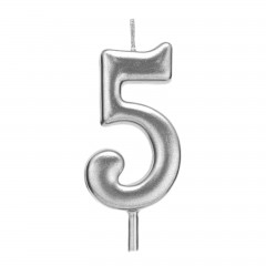 Petrecere - lumanare tort argintie, 4.5 cm, cifra 5