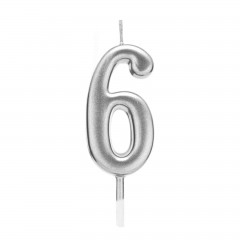 Petrecere - lumanare tort argintie, 4.5 cm, cifra 6