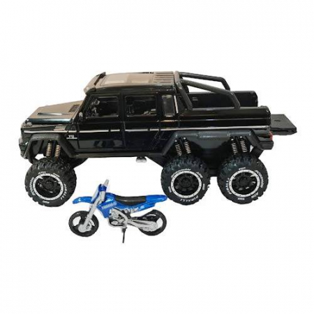 Vehicule - Masina metalica cu amortizoare si roti din cauciuc, macheta cu usi care se deschid, lumini și sunete, motocicleta, 1:24, SUV rosu/negru/verde