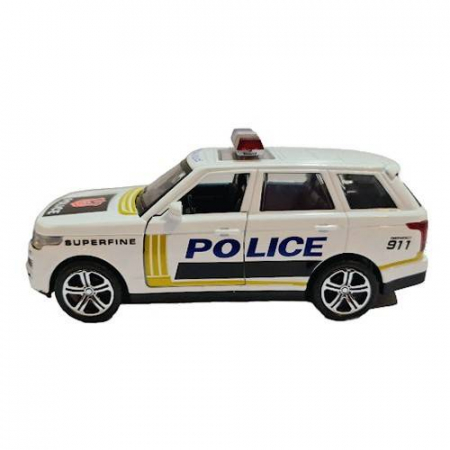 Vehicule - masina metalica cu roti din cauciuc, macheta cu usi care se deschid, politie cu lumini si sunete, girofar, 1:32, alb