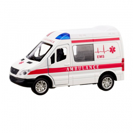 Vehicule - masina metalica de salvare, ambulanta cu doua portiere care se deschid, pull back, sirene luminase, baterii incluse, 12 cm