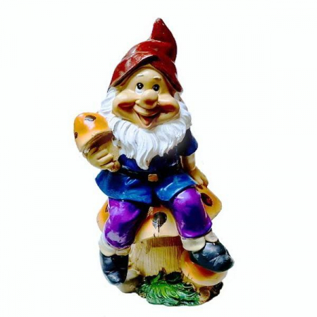 Gradina - Ornament Din Rasina Pictat Manual , Decoratiune Pentru Gradina, Terasa, Gazon,Pitic Vesel cu ciuperca ,27 cm