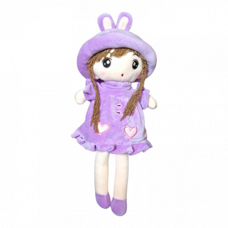 Bebe & Papusi & Accesorii - Papusa textila cu detalii brodate, palarie cu urechiuse, roz/mov/rosu, 48 cm