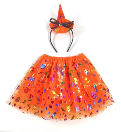 Halloween - Set costum vrajitoare Halloween pentru copii, fustita si bentita cu palarie, 3-8 ani