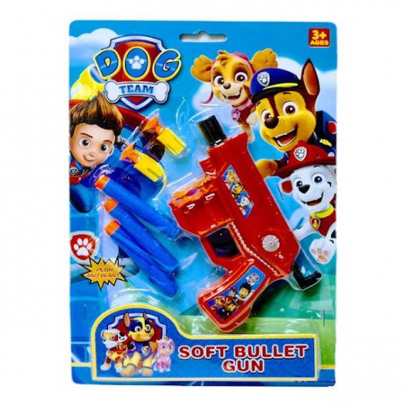 Arme - pistol mecanic cu munitie, 4 ventuze si 3 gloante de burete, dog team