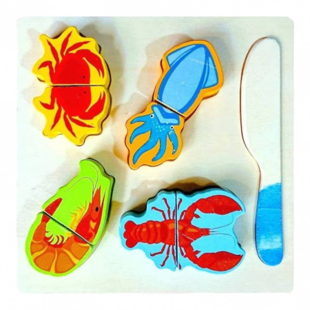 Jucarii Educative - Puzzle educativ din lemn cu animale marine si prindere cu scai, set 10 piese