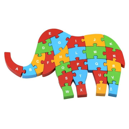 Jucarii Educative - Puzzle din lemn cu litere si cifre, elefant, 25 cm