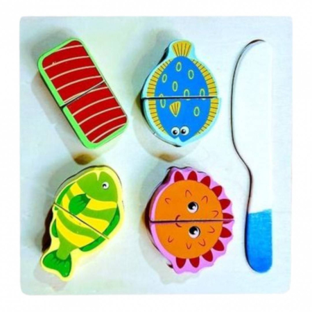 Jucarii Educative - Puzzle educativ din lemn cu pesti si prindere cu scai, set 10 piese