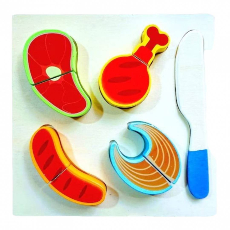 Jucarii Educative - Puzzle educativ din lemn cu alimente si prindere cu scai, set 10 piese