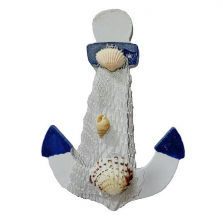 Produse Sezon - Decoratiune magnetica din lemn, ancora cu plasa alba si scoici, 12x8 cm