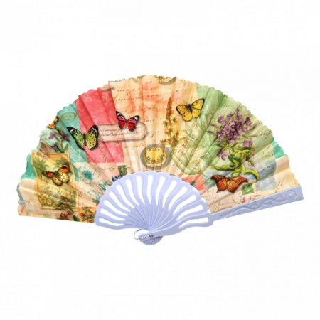 Vara - Set 12 evantaie din plastic si material textil, pliabil, model cu fluturi