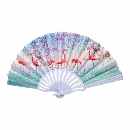 Vara - Set 12 evantaie din plastic si material textil, pliabil, model flamingo