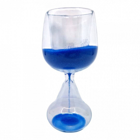 Produse Sezon - Clepsidra transparenta din sticla, pahar cu pereti dubli, nisip albastru, 14 cm