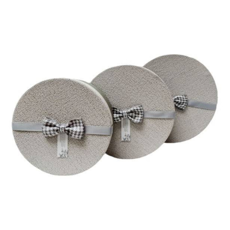 Cutii cadou - set 3 cutii cadou, model rotund, fundita din material textil, gri, 19-22 cm