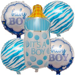 Petrecere - Set 5 baloane folie BOY : 1 figurina biberon de 70 cm si 4 baloane folie 45 cm