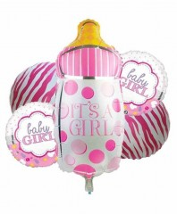 Petrecere - Set 5 baloane folie GIRL: 1 figurina biberon de 70 cm si 4 baloane folie 45 cm
