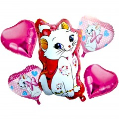 Petrecere - Set 5 baloane folie cu supapa de autoetansare, figurina pisicuta 60cm, roz