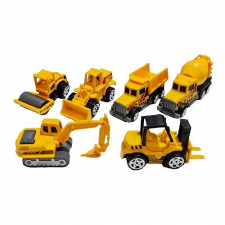 Vehicule - set 6 masini metalice de santier, utilaje cu parti mobile, camion, macara, betoniera, compactor, excavator, stivuitor, 1:64, galben
