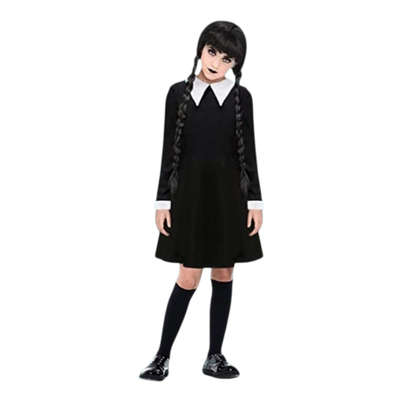 Halloween - Costumatie Wednesday pentru copii, rochita neagra cu guler alb
