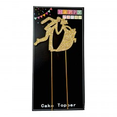 Petrecere - topper tort cu miri, decoratiune acrilica cu cristale pentru nunta, auriu, 19 cm