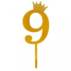 Petrecere - topper tort, decoratiune acrilica cu efect de oglinda, auriu, 19 cm, cifra 9