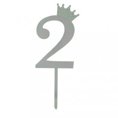 Petrecere - topper tort, decoratiune acrilica cu efect de oglinda, argintiu, 19 cm, cifra 2