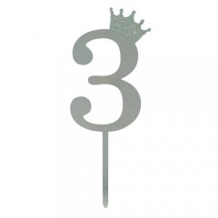 Petrecere - topper tort, decoratiune acrilica cu efect de oglinda, argintiu, 19 cm, cifra 3