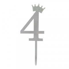 Petrecere - topper tort, decoratiune acrilica cu efect de oglinda, argintiu, 19 cm, cifra 4