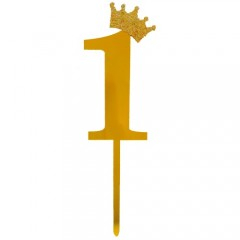 Petrecere - topper tort, decoratiune acrilica cu efect de oglinda, auriu, 19 cm, cifra 1