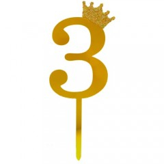 Petrecere - topper tort, decoratiune acrilica cu efect de oglinda, auriu, 19 cm, cifra 3