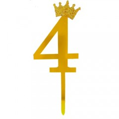 Petrecere - topper tort, decoratiune acrilica cu efect de oglinda, auriu, 19 cm, cifra 4