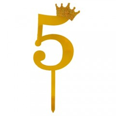 Petrecere - topper tort, decoratiune acrilica cu efect de oglinda, auriu, 19 cm, cifra 5