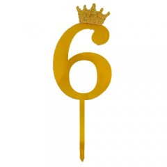 Petrecere - topper tort, decoratiune acrilica cu efect de oglinda, auriu, 19 cm, cifra 6