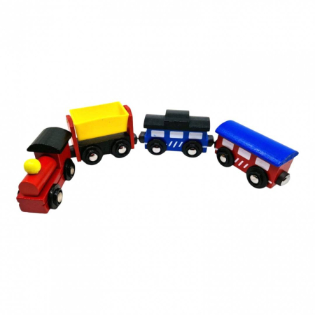 Jucarii Educative - Trenulet din lemn colorat cu locomotiva si 3 vagoane, prindere magnetica, multicolor